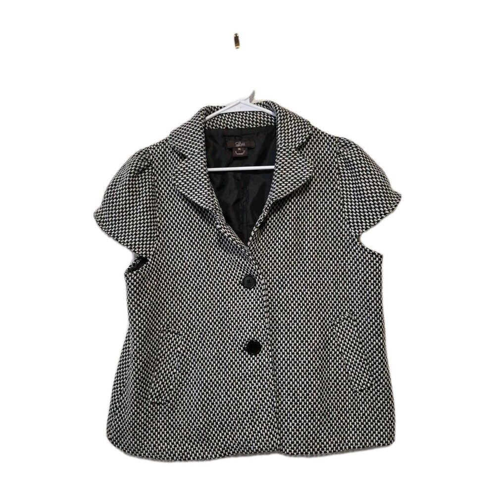 Luii Womens Anthropology Black & White Button Front Jacket Cap Sleeves  Sz XL